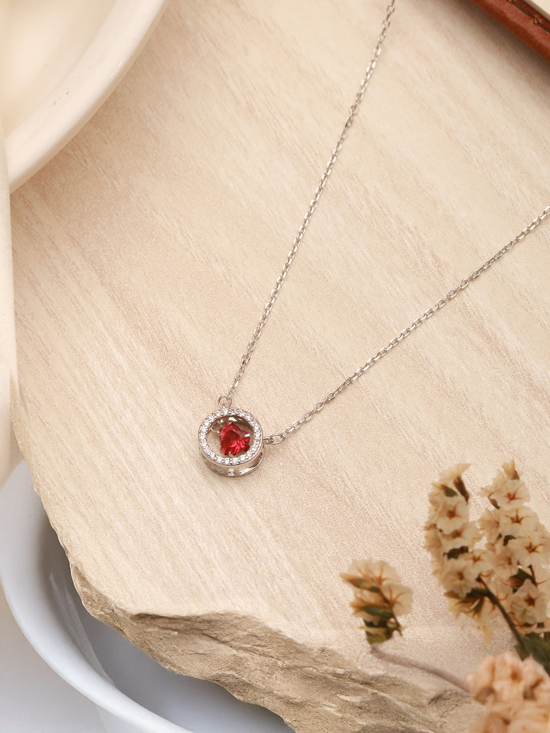 925 Sterling Silver Red Ruby Zircon Embedded Heart Pendant Necklace & Chain